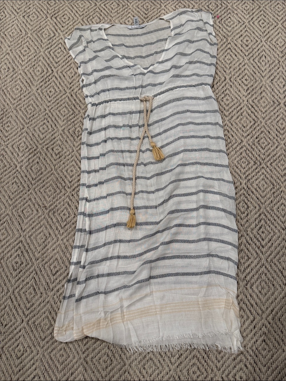 Michael Stars White and Navy Striped Beach Coverup with Tassel Tie